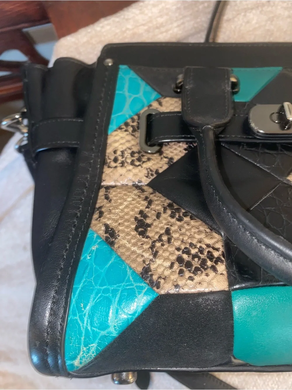 Coach Swagger 27 Carryall Quilt Leather Satchel Crossbody Bag Black Turquoise